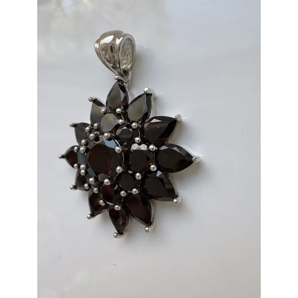 Estate Large Sterling Silver Garnet Pear & Round Cut Sunburst Pendant 14.24cttw